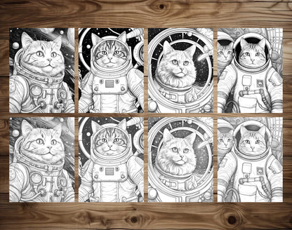 50 Cat In Space Grayscale Coloring Pages - Instant Download - Printable PDF Dark/Light – preview 6