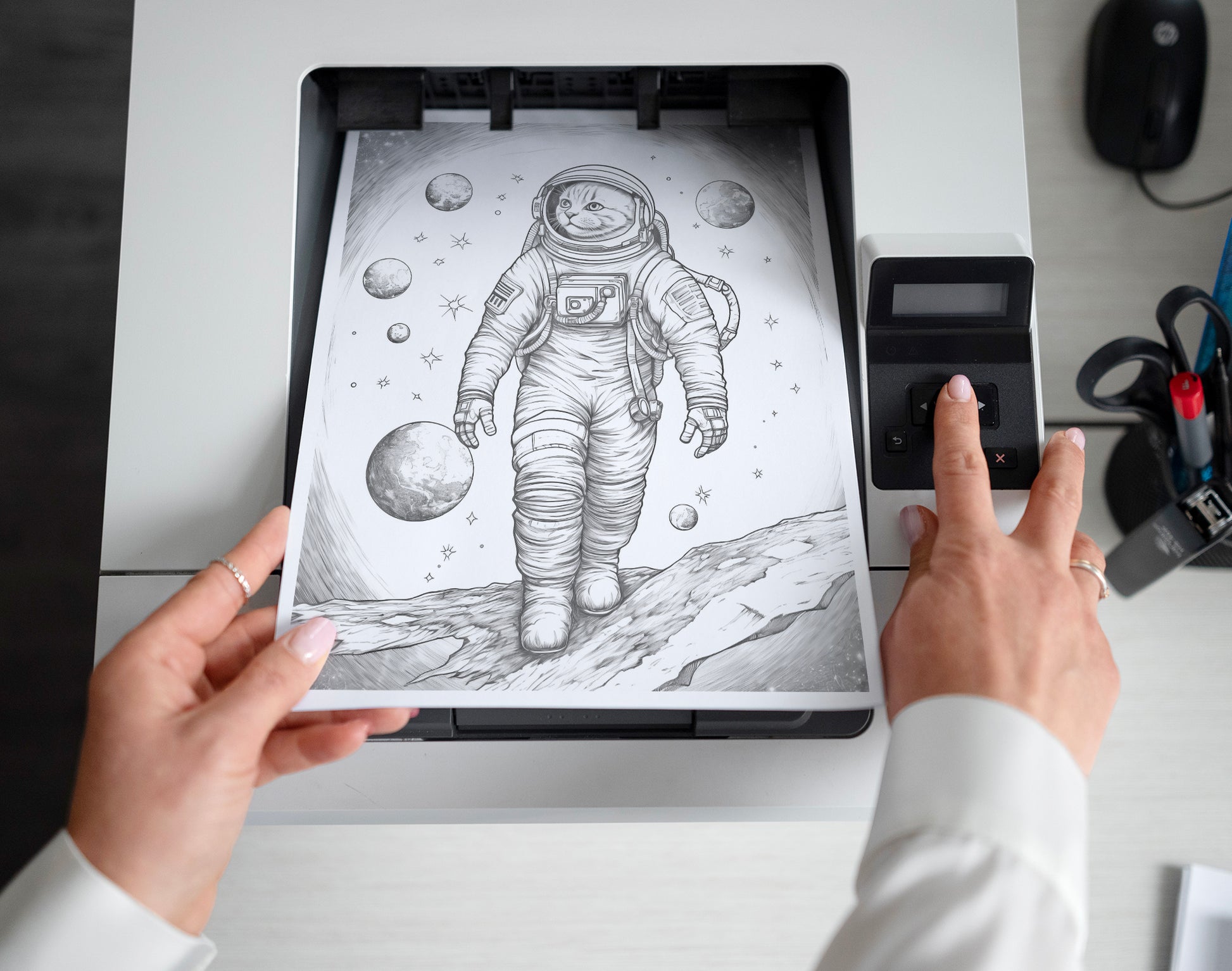 50 Cat In Space Grayscale Coloring Pages - Instant Download - Printable PDF Dark/Light – preview 8
