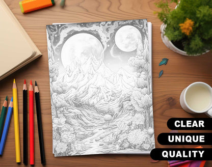 50 Celestial Space Grayscale Coloring Pages - Instant Download - Printable PDF Dark/Light – preview 3