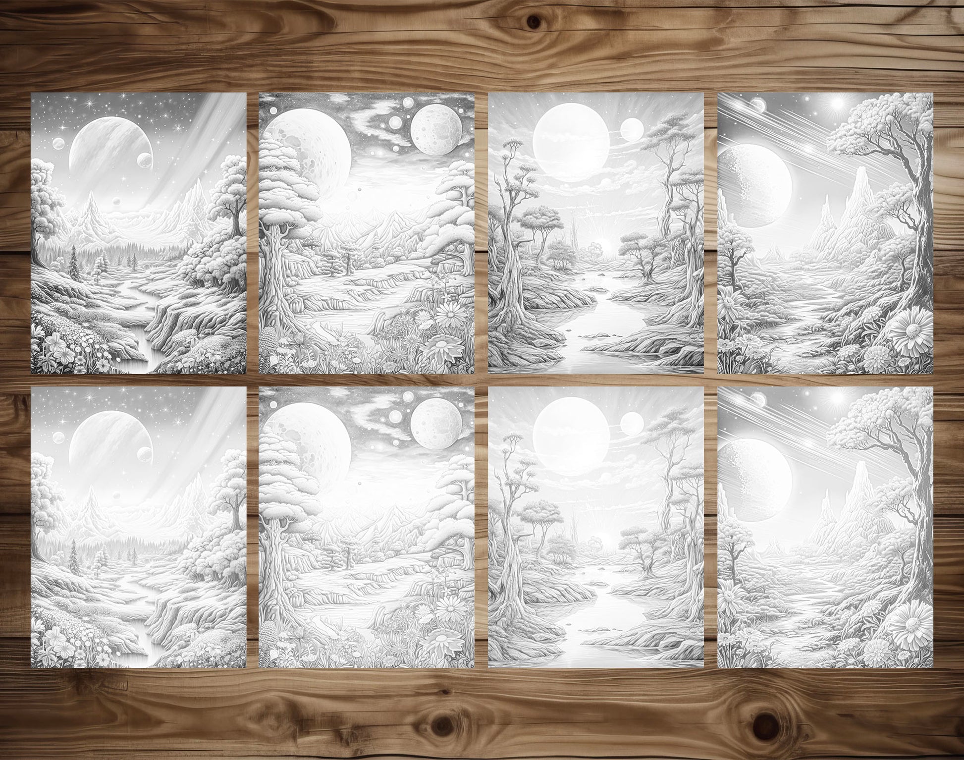 50 Celestial Space Grayscale Coloring Pages - Instant Download - Printable PDF Dark/Light – preview 7