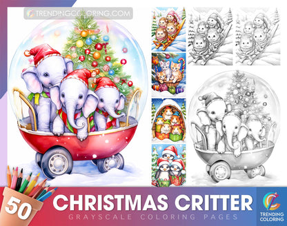 50 Christmas Critters Grayscale Coloring Pages - Instant Download - Printable PDF Dark/Light