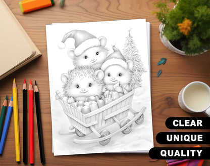 50 Christmas Critters Grayscale Coloring Pages - Instant Download - Printable PDF Dark/Light – preview 3