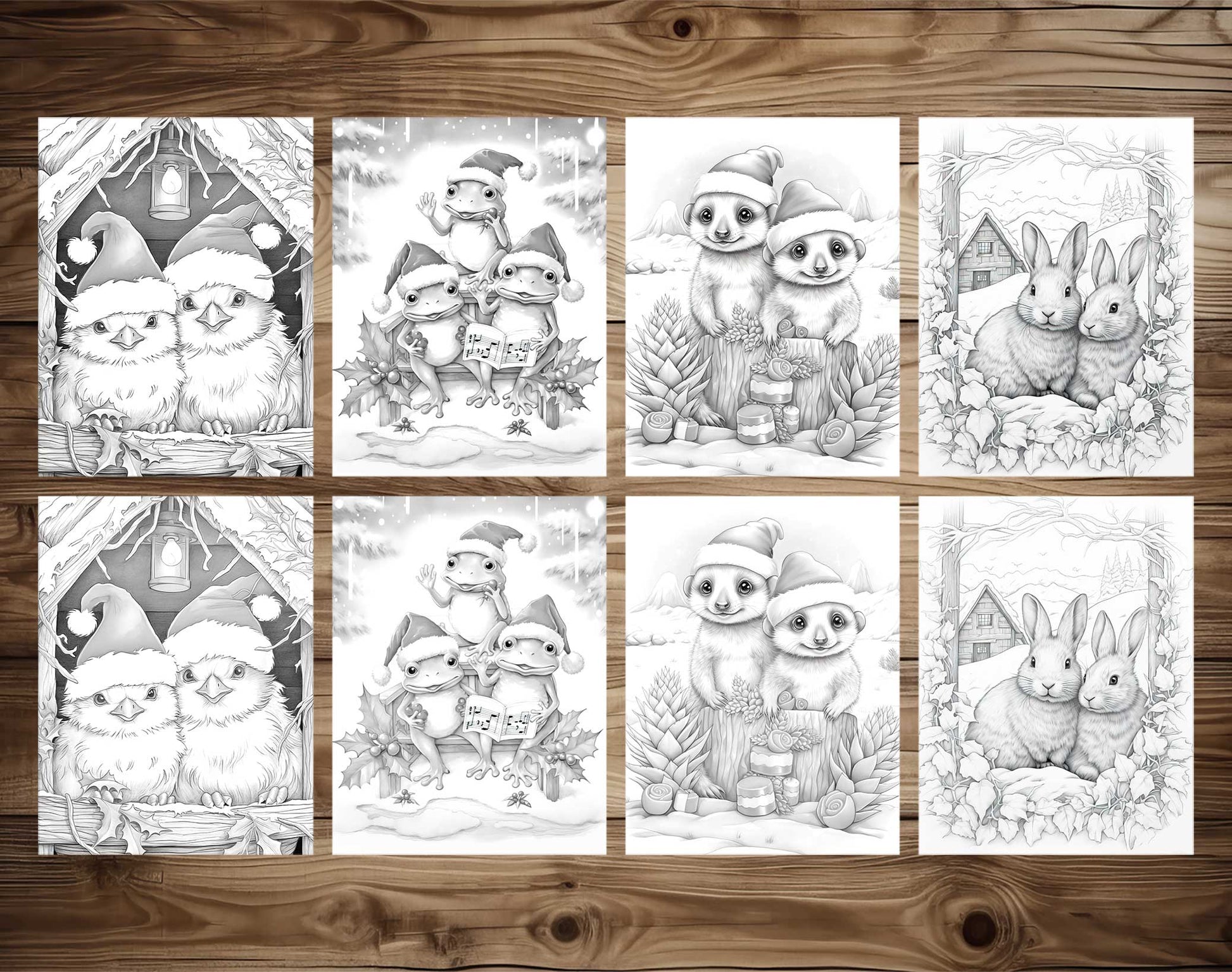 50 Christmas Critters Grayscale Coloring Pages - Instant Download - Printable PDF Dark/Light – preview 7