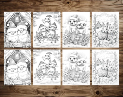 50 Christmas Critters Grayscale Coloring Pages - Instant Download - Printable PDF Dark/Light – preview 7