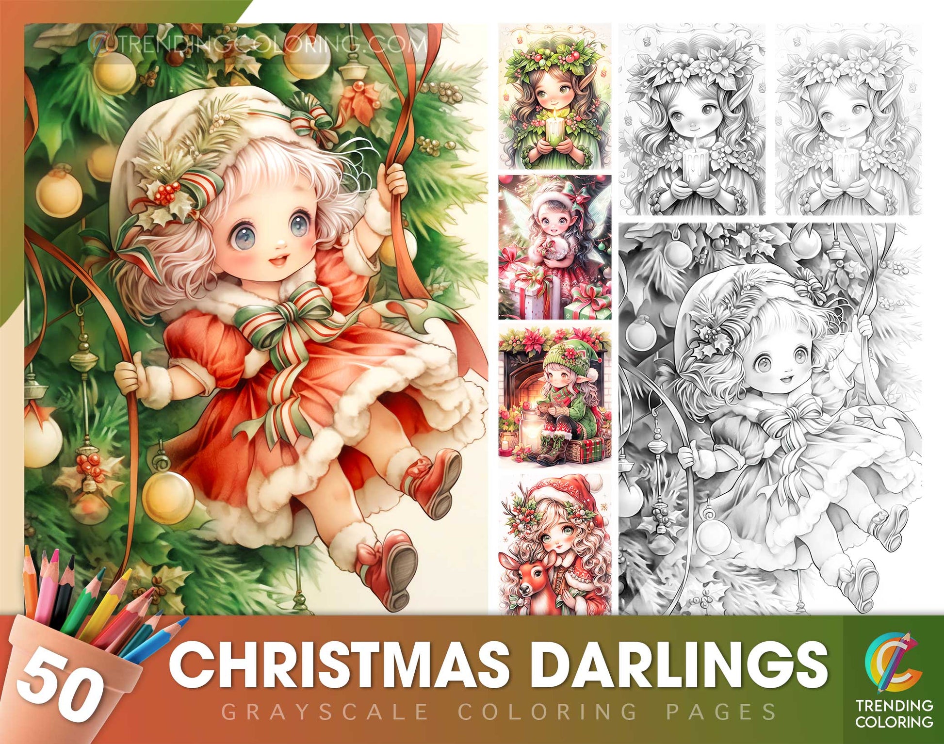 50 Christmas Darlings Grayscale Coloring Pages - Instant Download - Printable PDF Dark/Light