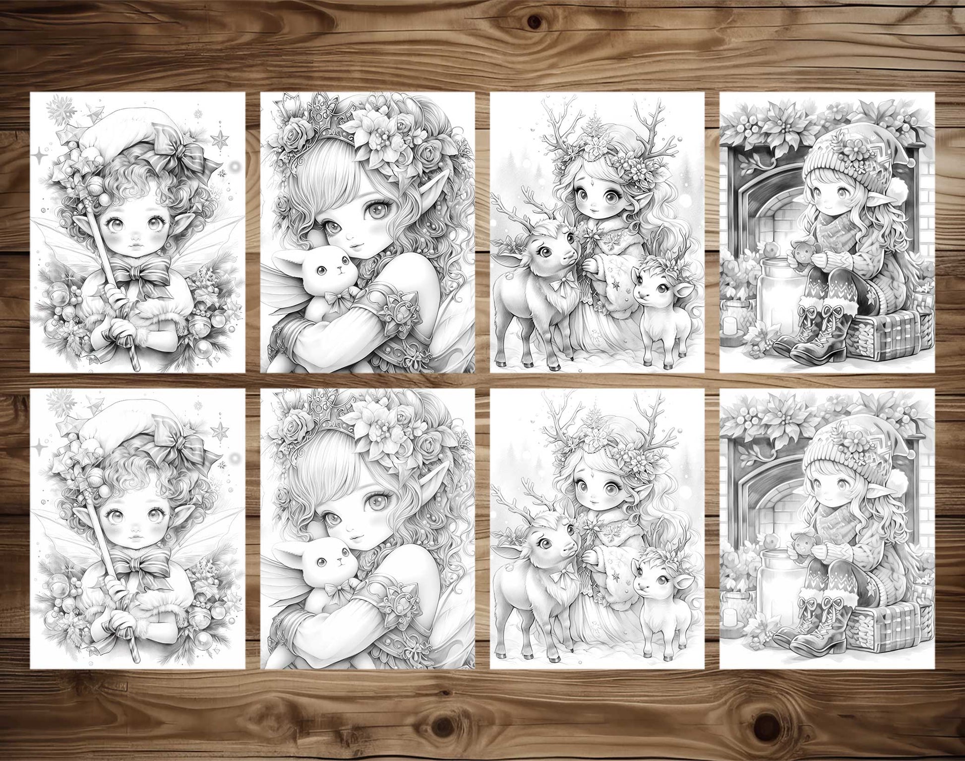 50 Christmas Darlings Grayscale Coloring Pages - Instant Download - Printable PDF Dark/Light – preview 7