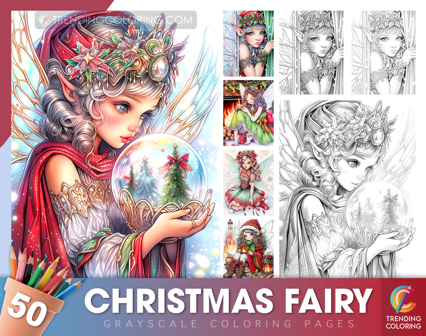 50 Christmas Fairy Grayscale Coloring Pages - Instant Download - Printable PDF Dark/Light