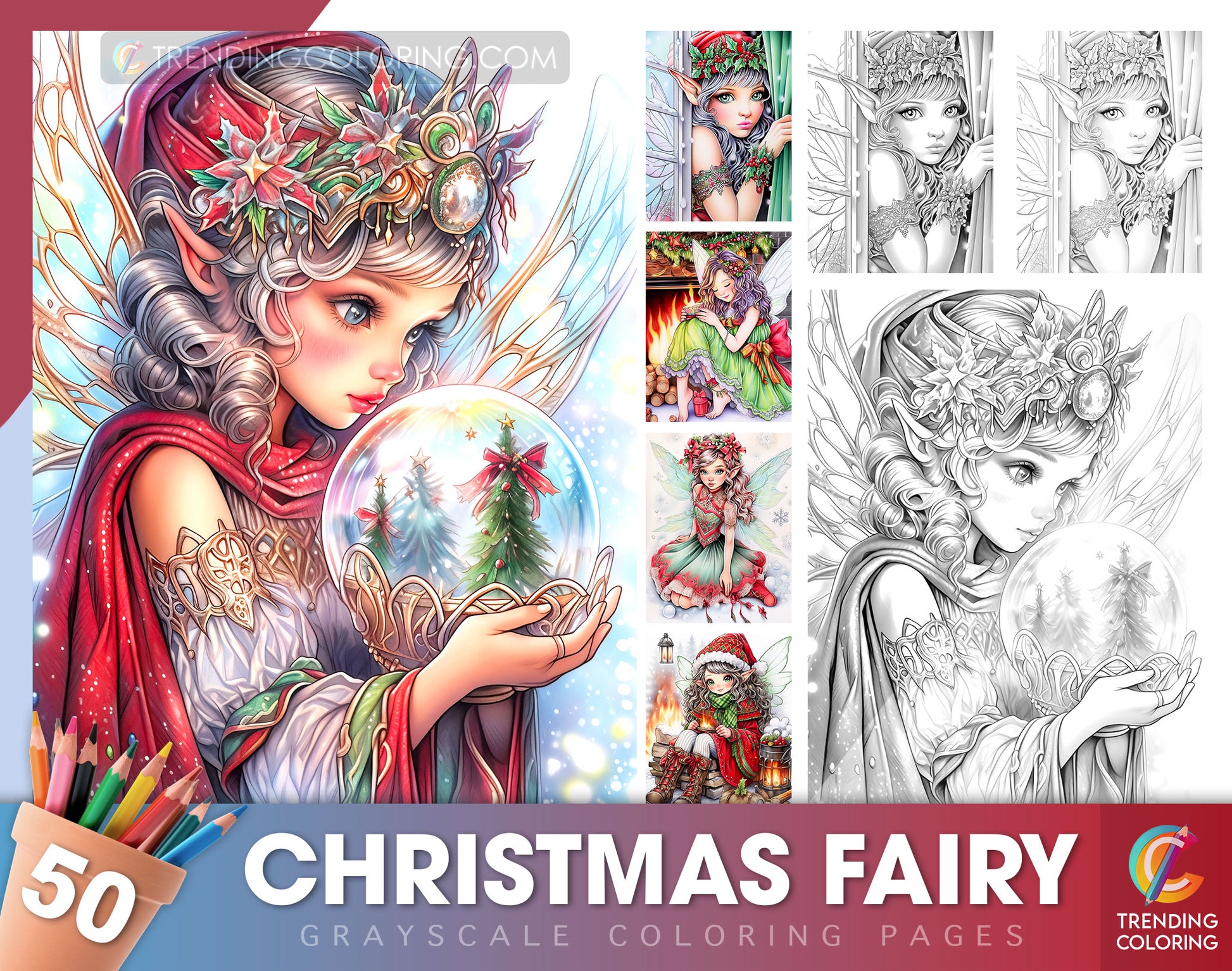 50 Christmas Fairy Grayscale Coloring Pages - Instant Download - Printable PDF Dark/Light