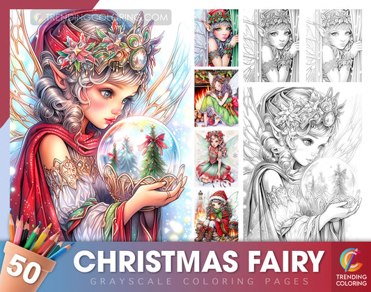 50 Christmas Fairy Grayscale Coloring Pages - Instant Download - Printable PDF Dark/Light