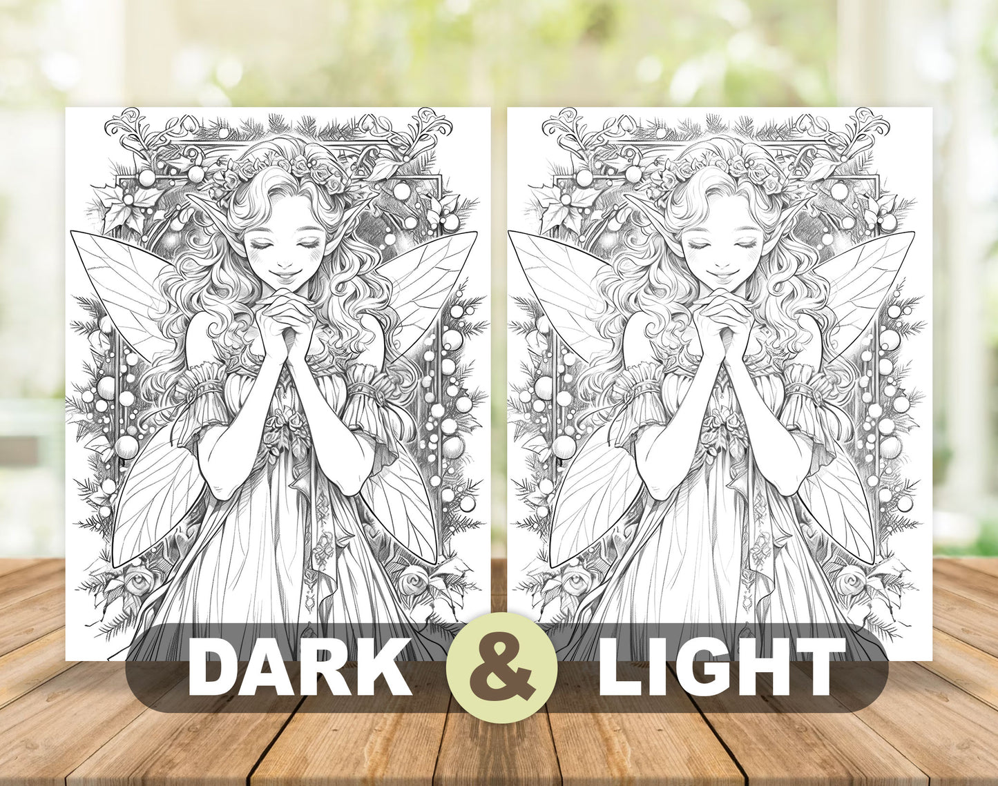 50 Christmas Fairy Grayscale Coloring Pages - Instant Download - Printable PDF Dark/Light – preview 5