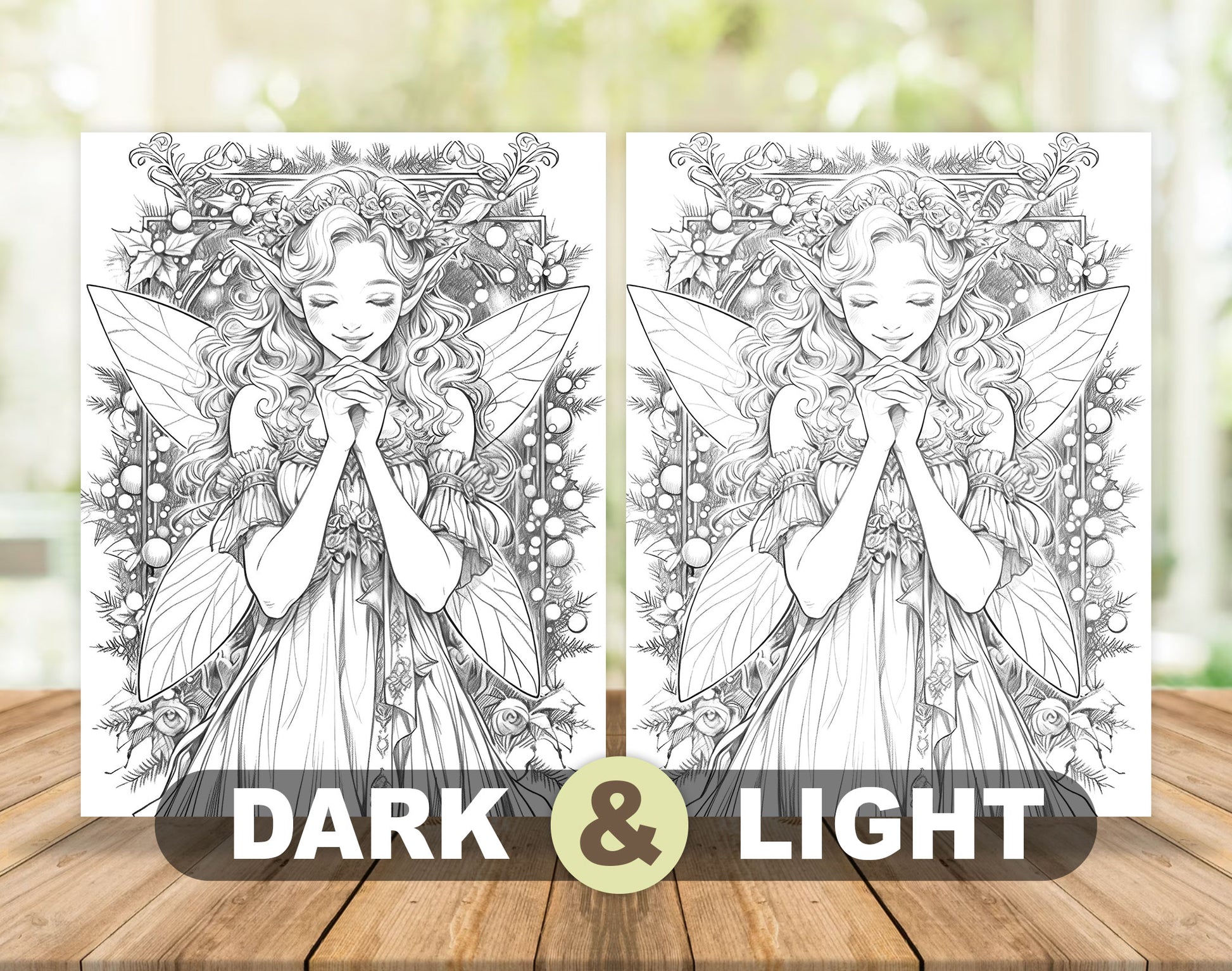 50 Christmas Fairy Grayscale Coloring Pages - Instant Download - Printable PDF Dark/Light – preview 5