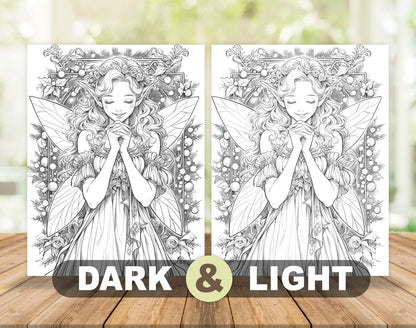 50 Christmas Fairy Grayscale Coloring Pages - Instant Download - Printable PDF Dark/Light – preview 5