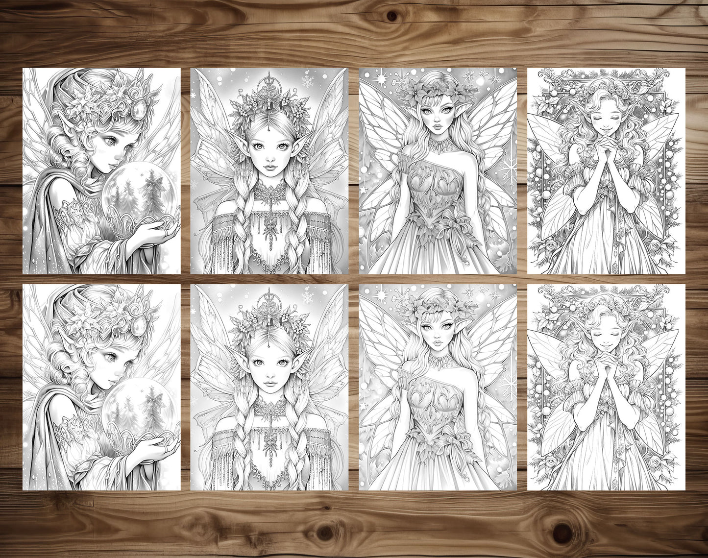 50 Christmas Fairy Grayscale Coloring Pages - Instant Download - Printable PDF Dark/Light – preview 6