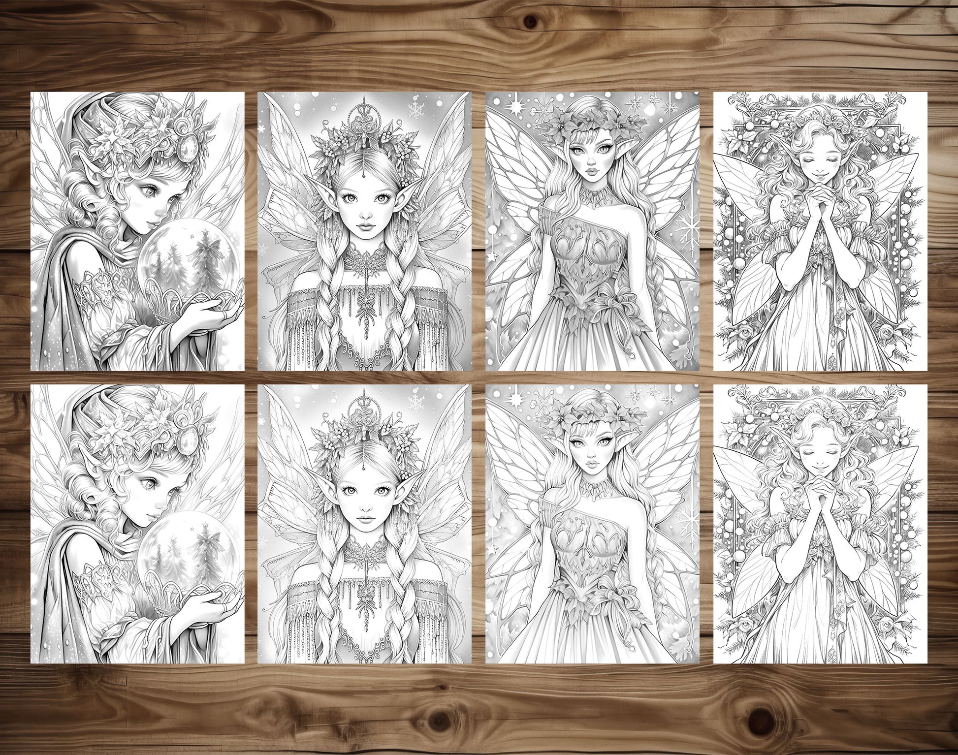 50 Christmas Fairy Grayscale Coloring Pages - Instant Download - Printable PDF Dark/Light – preview 6