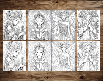 50 Christmas Fairy Grayscale Coloring Pages - Instant Download - Printable PDF Dark/Light – preview 6