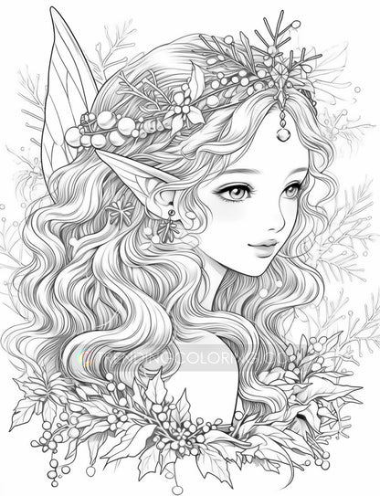 50 Christmas Fairy Grayscale Coloring Pages - Instant Download - Printable PDF Dark/Light – preview 9