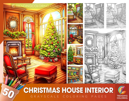 50 Christmas House Interior Grayscale Coloring Pages - Instant Download - Printable PDF Dark/Light