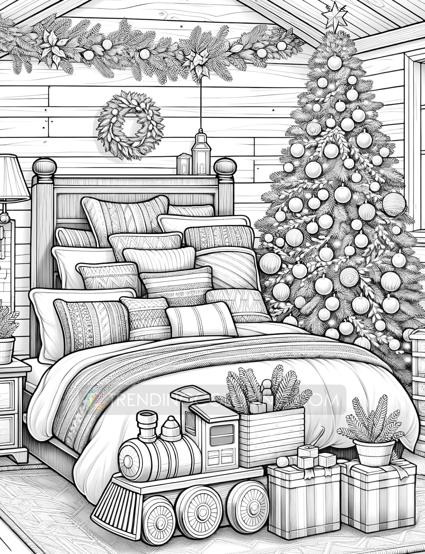 50 Christmas House Interior Grayscale Coloring Pages - Instant Download - Printable PDF Dark/Light – preview 10