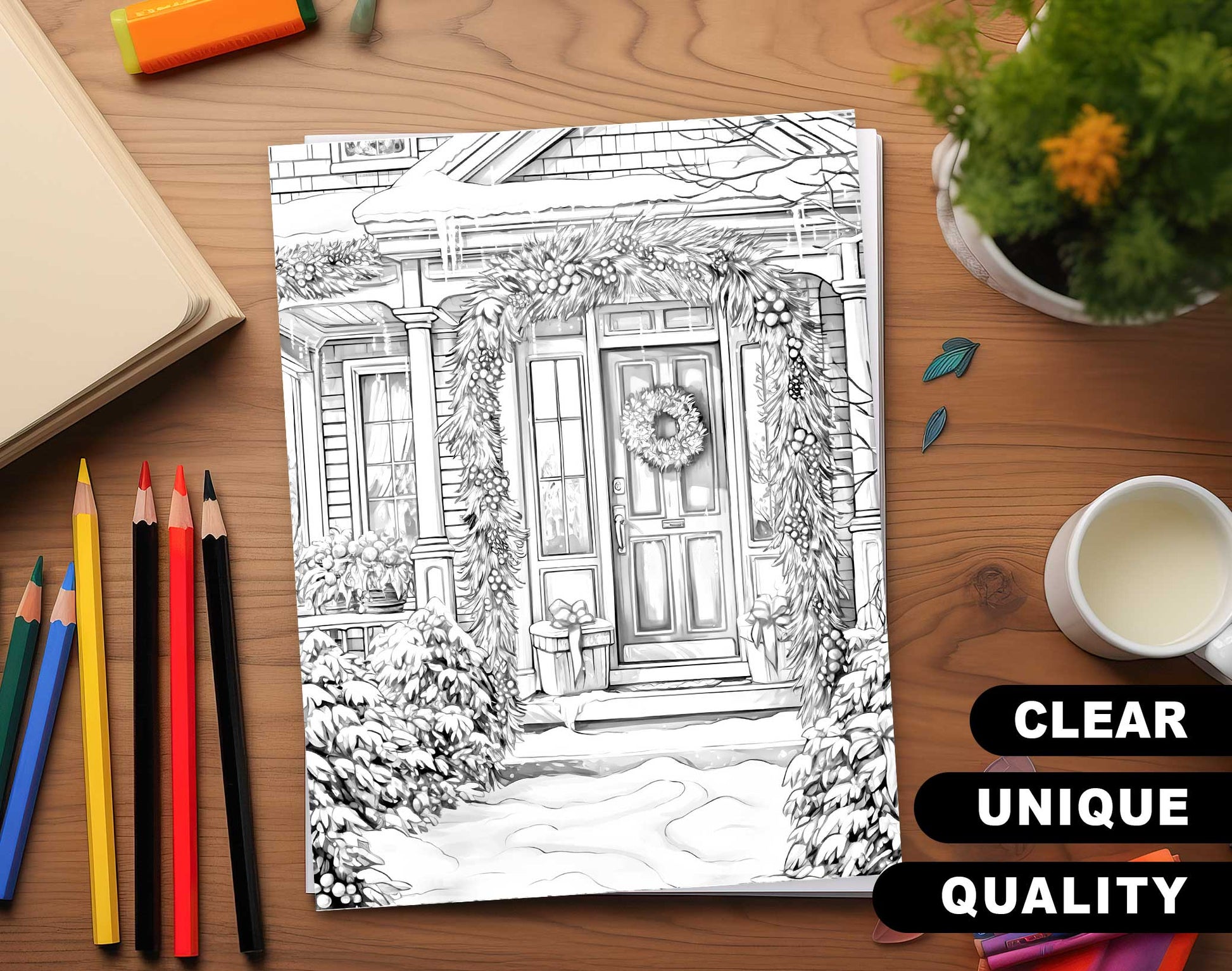50 Christmas House Interior Grayscale Coloring Pages - Instant Download - Printable PDF Dark/Light – preview 3