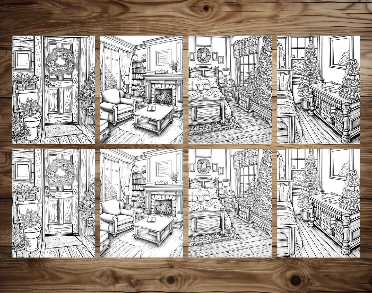 50 Christmas House Interior Grayscale Coloring Pages - Instant Download - Printable PDF Dark/Light – preview 6