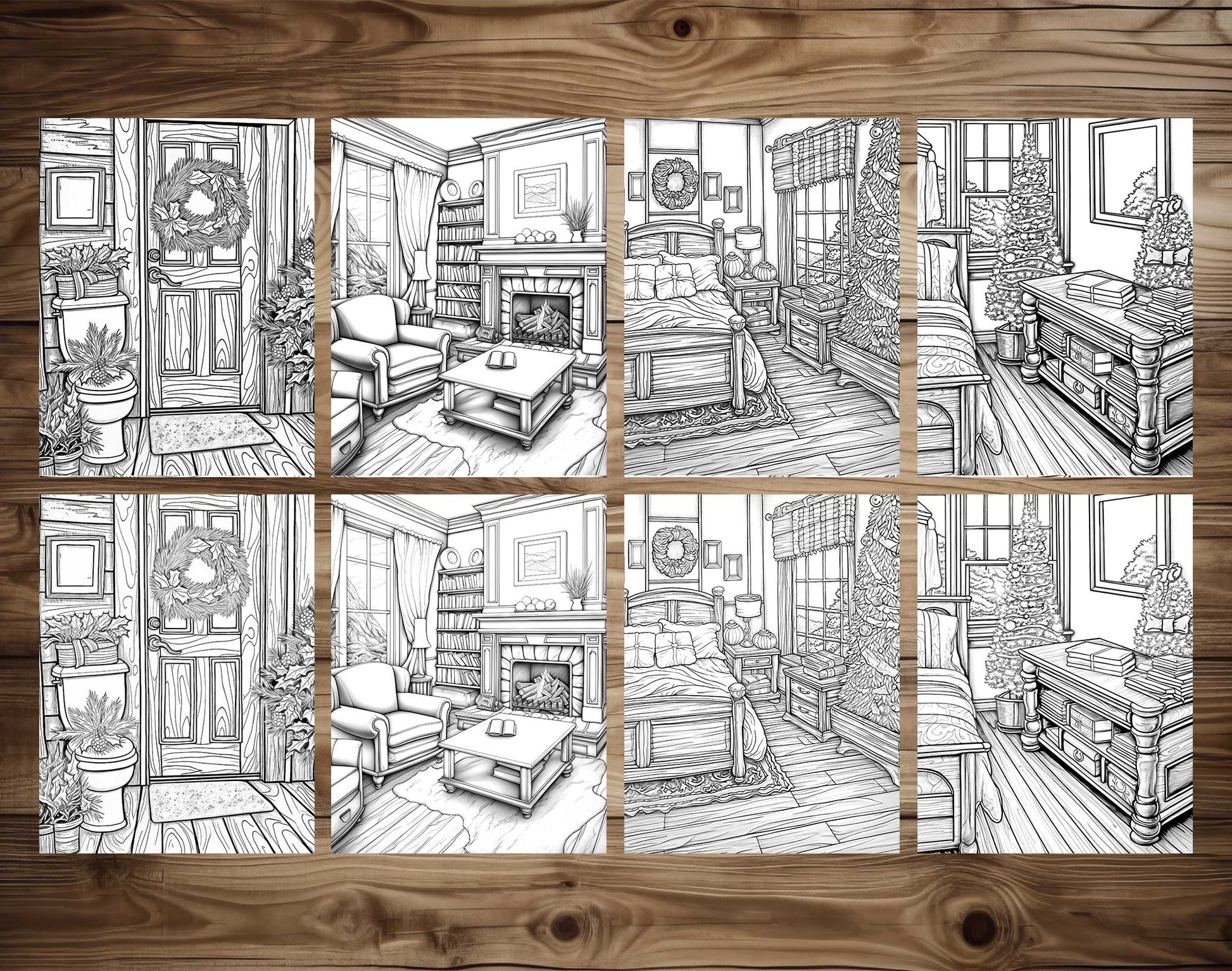 50 Christmas House Interior Grayscale Coloring Pages - Instant Download - Printable PDF Dark/Light – preview 6