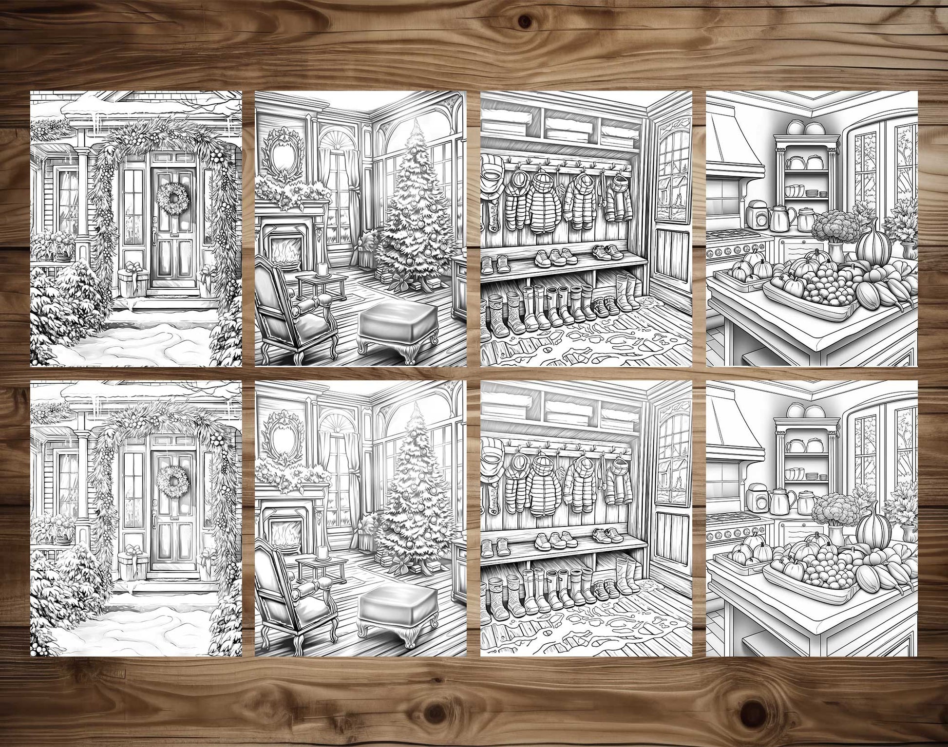50 Christmas House Interior Grayscale Coloring Pages - Instant Download - Printable PDF Dark/Light – preview 7