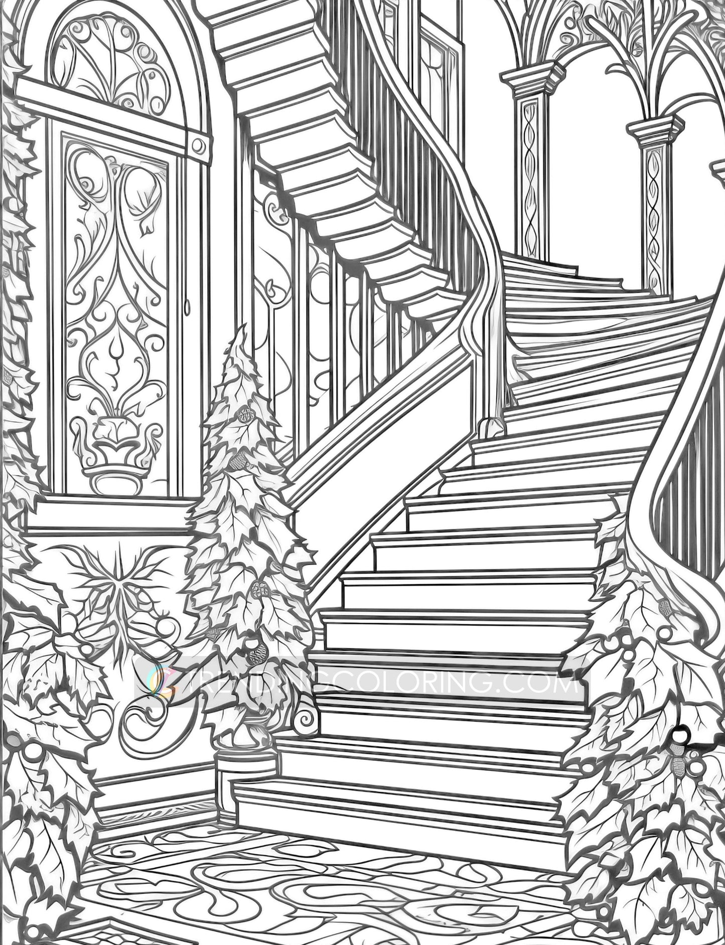 50 Christmas House Interior Grayscale Coloring Pages - Instant Download - Printable PDF Dark/Light – preview 8