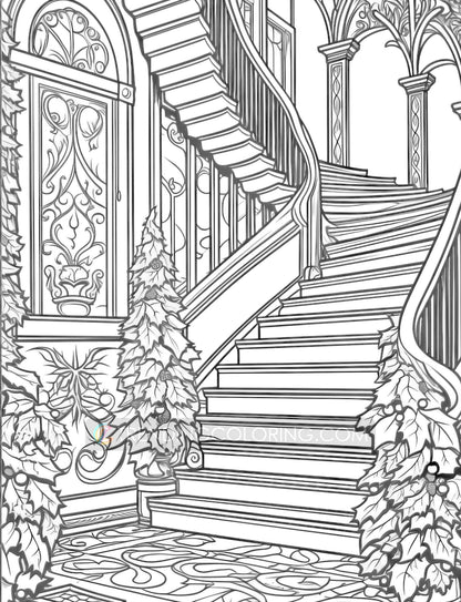 50 Christmas House Interior Grayscale Coloring Pages - Instant Download - Printable PDF Dark/Light – preview 8