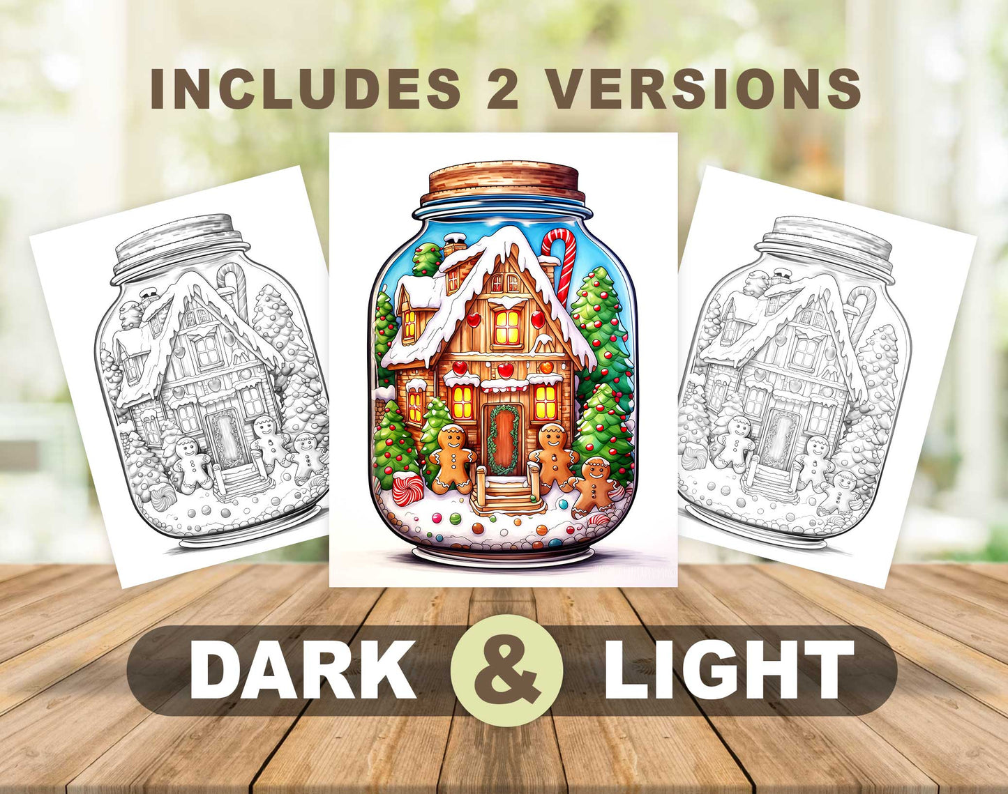 50 Christmas In Jar Grayscale Coloring Pages - Instant Download - Printable PDF Dark/Light – preview 4