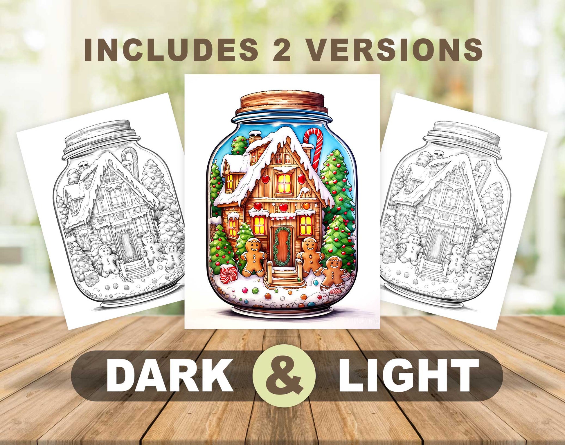 50 Christmas In Jar Grayscale Coloring Pages - Instant Download - Printable PDF Dark/Light – preview 4