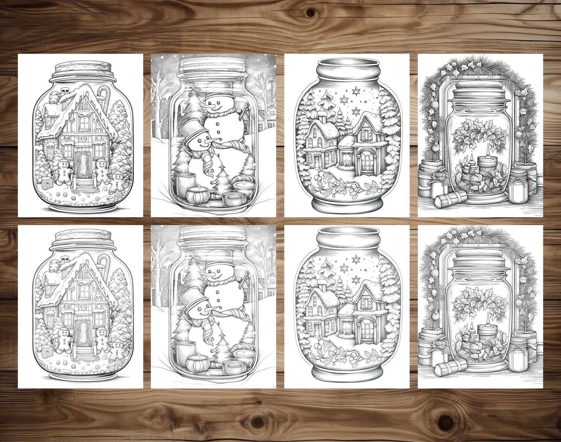 50 Christmas In Jar Grayscale Coloring Pages - Instant Download - Printable PDF Dark/Light – preview 6