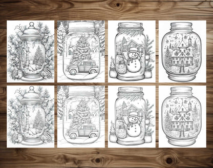 50 Christmas In Jar Grayscale Coloring Pages - Instant Download - Printable PDF Dark/Light – preview 7