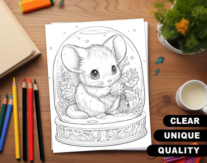 50 Christmas Little Mouse Grayscale Coloring Pages - Instant Download - Printable PDF Dark/Light – preview 3