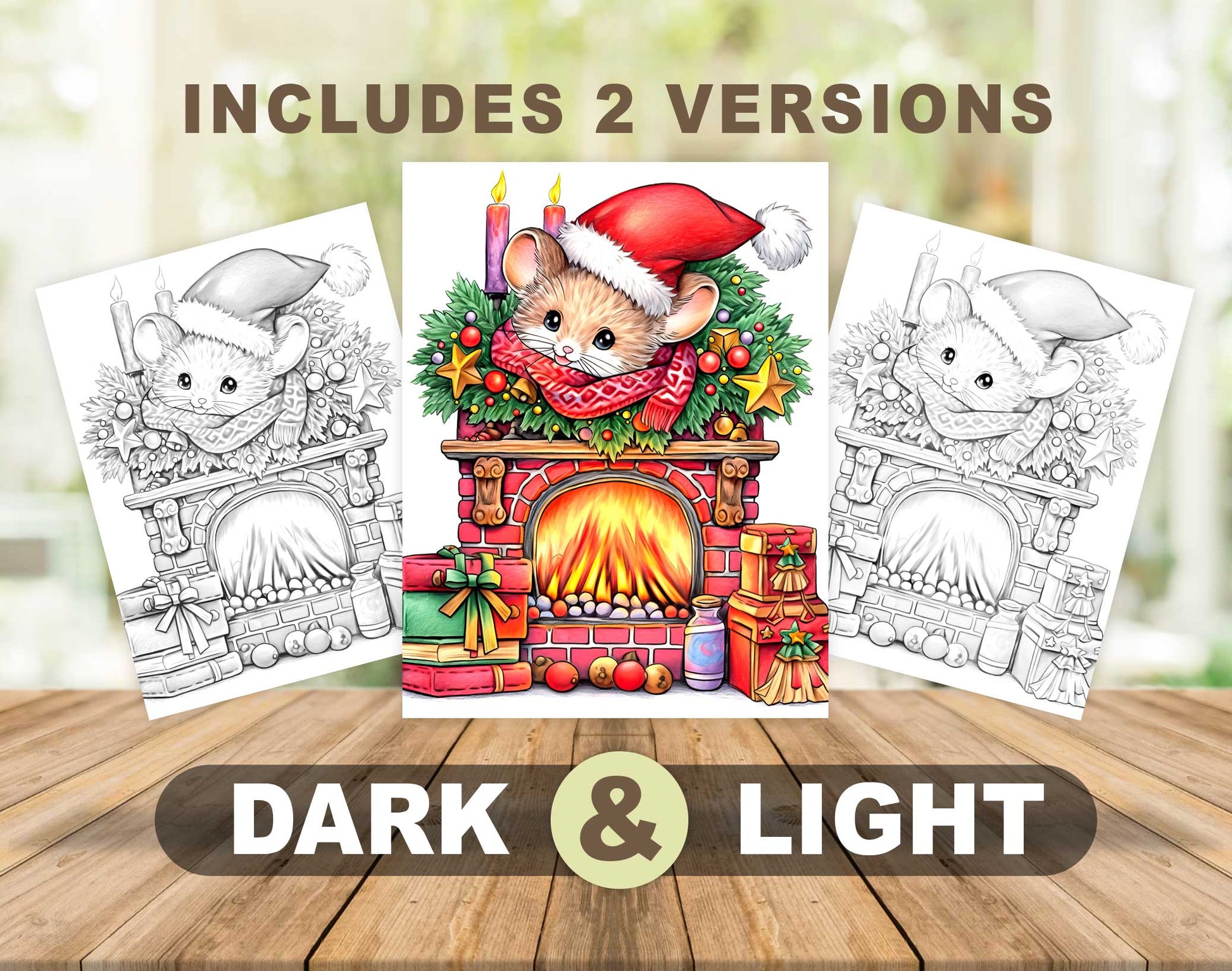 50 Christmas Little Mouse Grayscale Coloring Pages - Instant Download - Printable PDF Dark/Light – preview 4