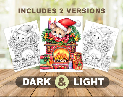 50 Christmas Little Mouse Grayscale Coloring Pages - Instant Download - Printable PDF Dark/Light – preview 4