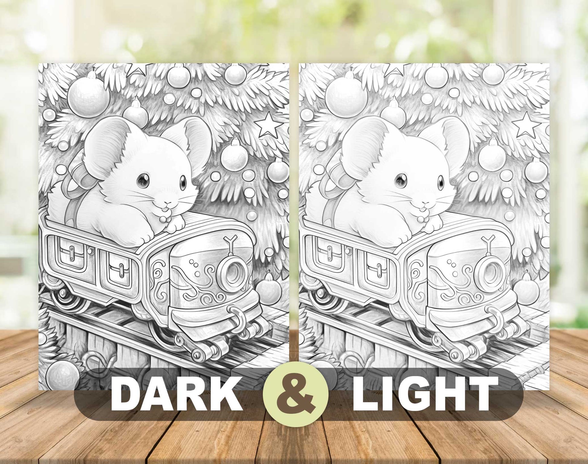 50 Christmas Little Mouse Grayscale Coloring Pages - Instant Download - Printable PDF Dark/Light – preview 5