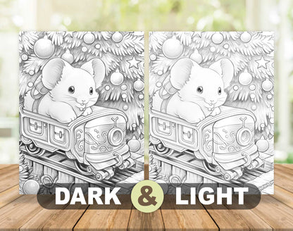 50 Christmas Little Mouse Grayscale Coloring Pages - Instant Download - Printable PDF Dark/Light – preview 5