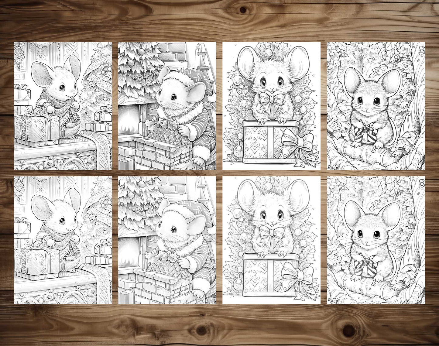 50 Christmas Little Mouse Grayscale Coloring Pages - Instant Download - Printable PDF Dark/Light – preview 6