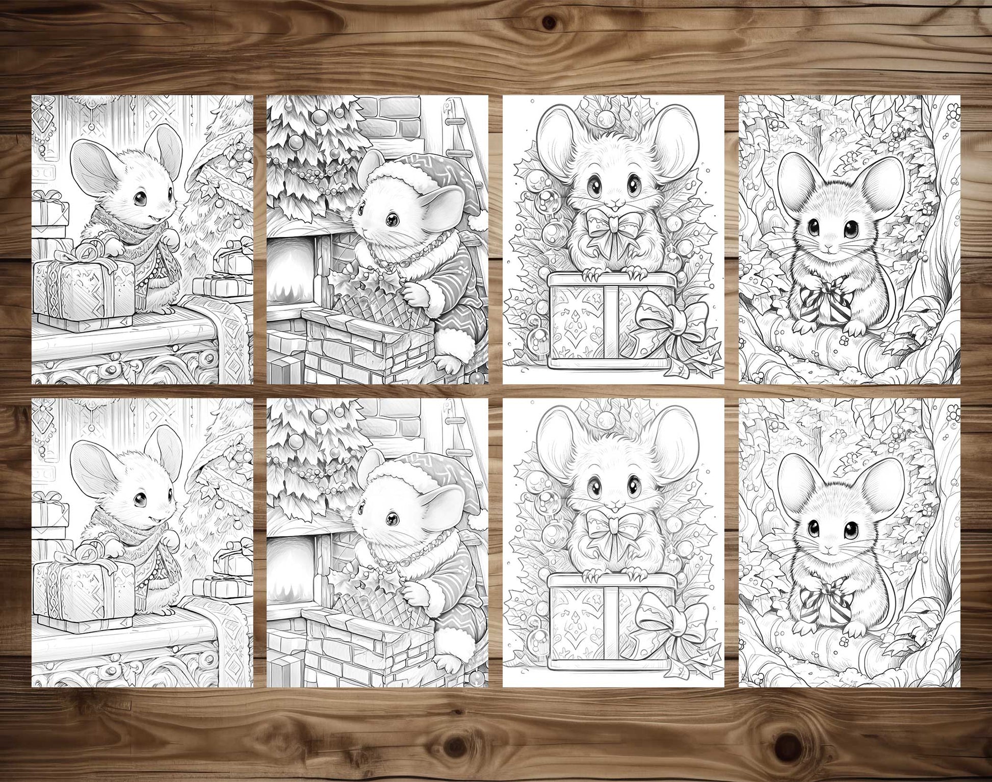 50 Christmas Little Mouse Grayscale Coloring Pages - Instant Download - Printable PDF Dark/Light – preview 6