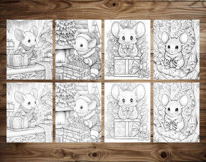 50 Christmas Little Mouse Grayscale Coloring Pages - Instant Download - Printable PDF Dark/Light – preview 6