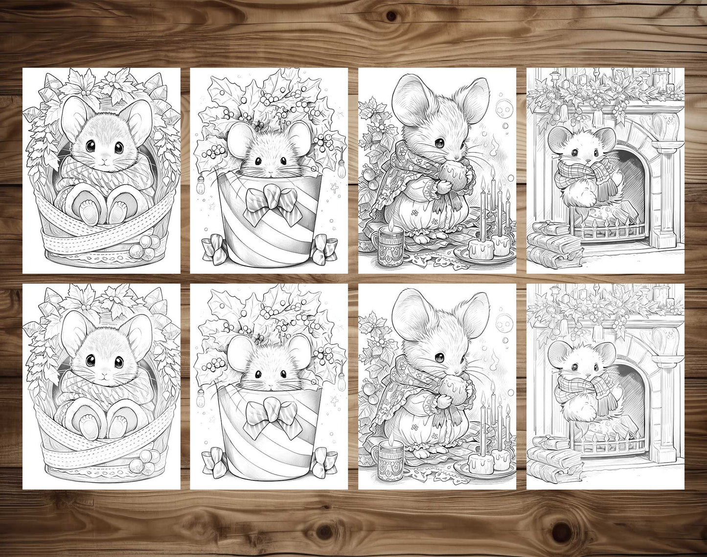 50 Christmas Little Mouse Grayscale Coloring Pages - Instant Download - Printable PDF Dark/Light – preview 7