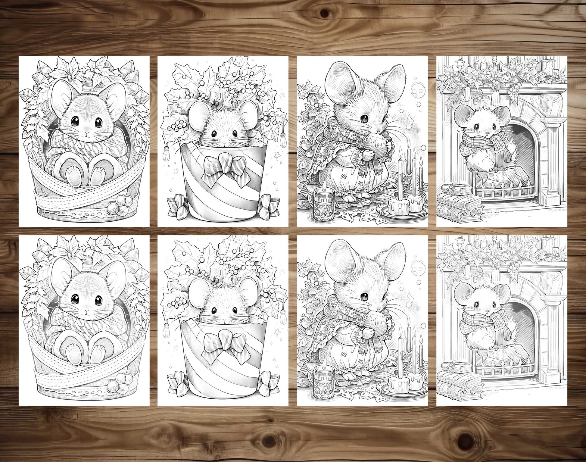 50 Christmas Little Mouse Grayscale Coloring Pages - Instant Download - Printable PDF Dark/Light – preview 7