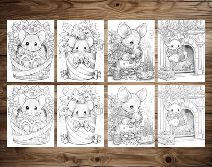 50 Christmas Little Mouse Grayscale Coloring Pages - Instant Download - Printable PDF Dark/Light – preview 7