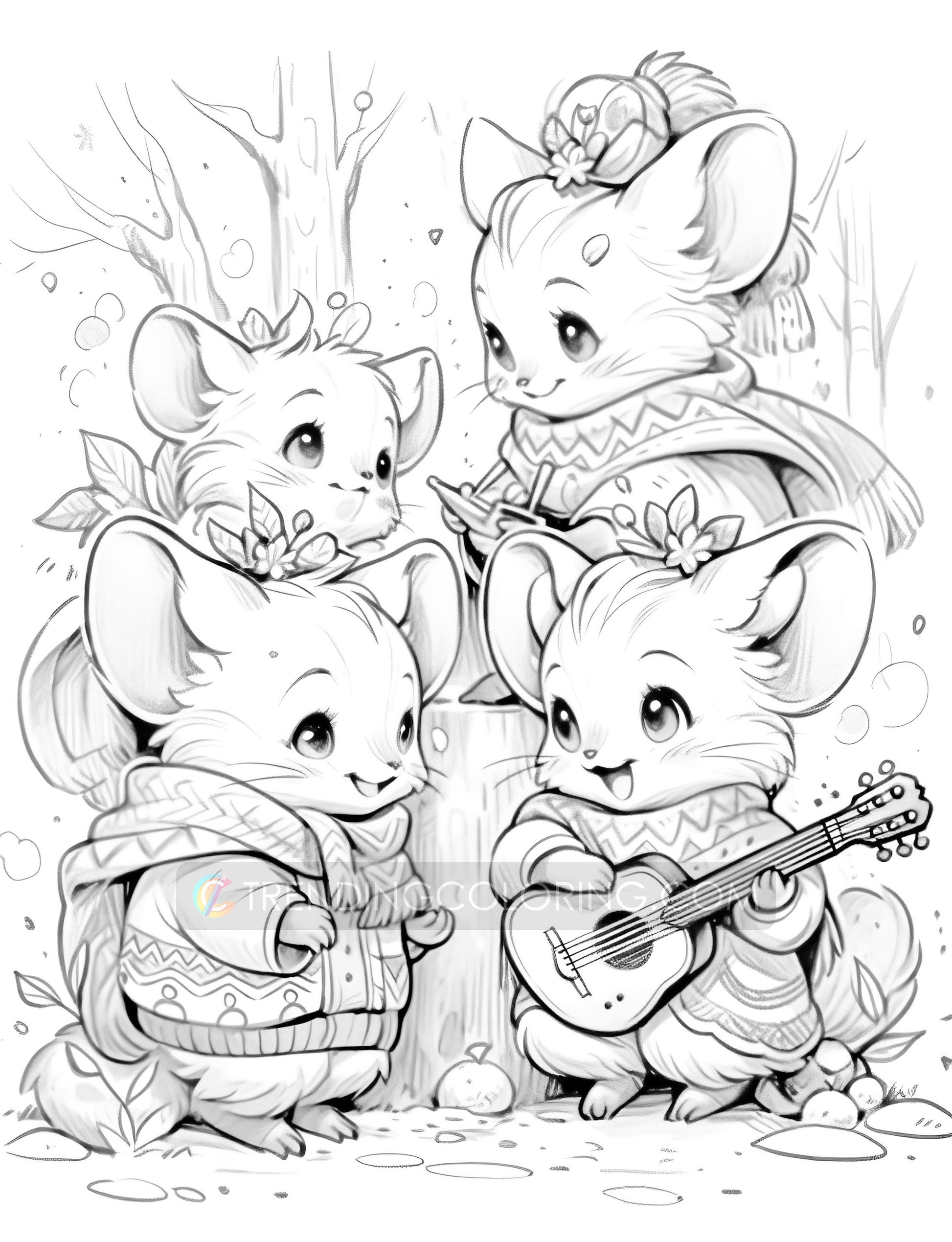 50 Christmas Little Mouse Grayscale Coloring Pages - Instant Download - Printable PDF Dark/Light – preview 8