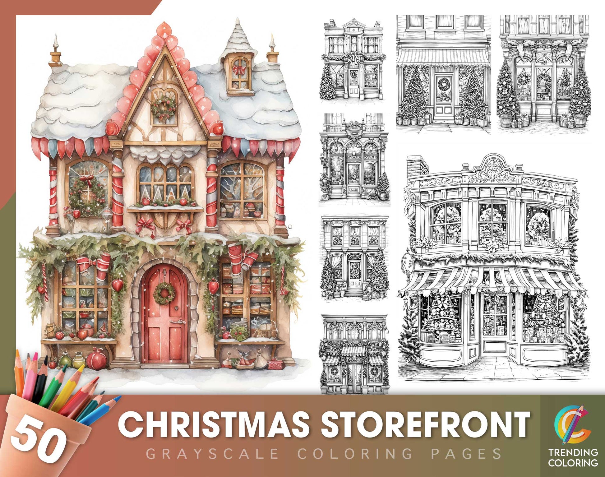 50 Christmas Storefront Grayscale Coloring Pages - Instant Download - Printable PDF Dark/Light