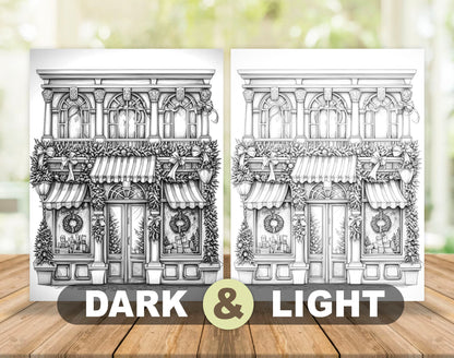 50 Christmas Storefront Grayscale Coloring Pages - Instant Download - Printable PDF Dark/Light – preview 4