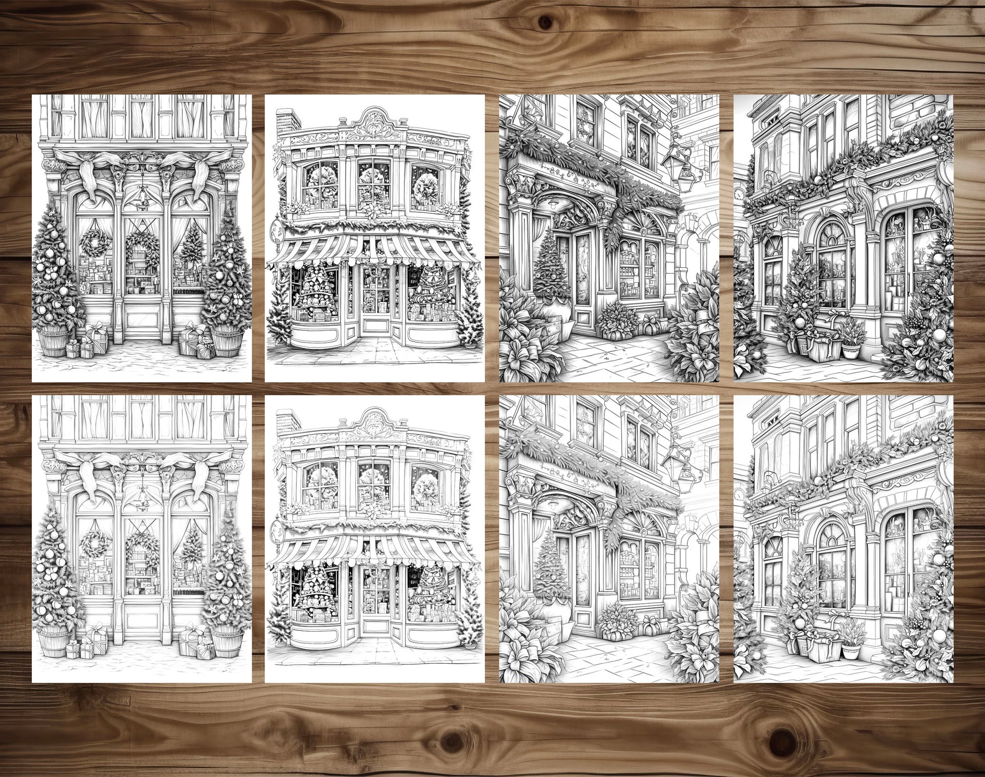 50 Christmas Storefront Grayscale Coloring Pages - Instant Download - Printable PDF Dark/Light – preview 5