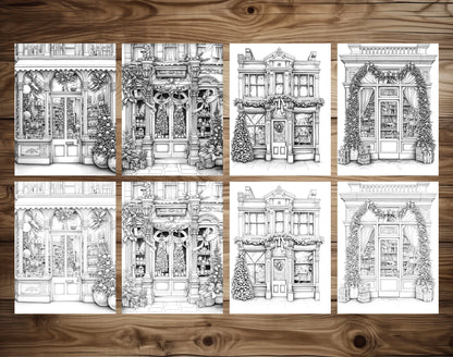 50 Christmas Storefront Grayscale Coloring Pages - Instant Download - Printable PDF Dark/Light – preview 6