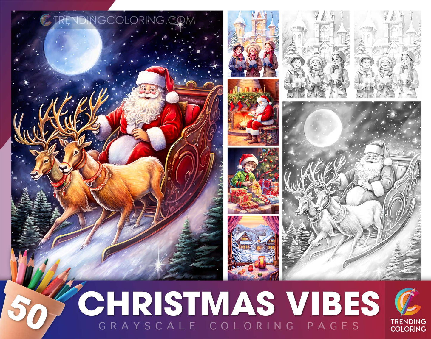 50 Christmas Vibes Grayscale Coloring Pages - Instant Download - Printable PDF Dark/Light