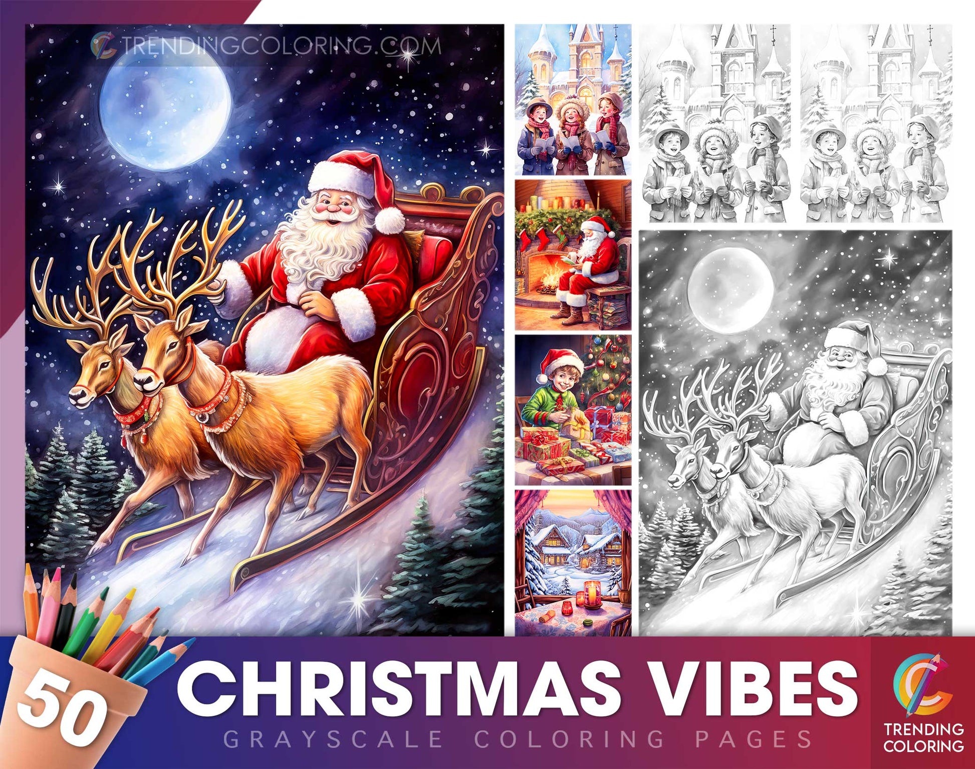 50 Christmas Vibes Grayscale Coloring Pages - Instant Download - Printable PDF Dark/Light